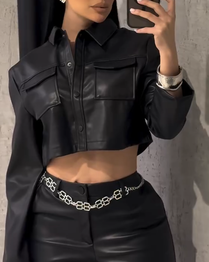 Long-Sleeved PU Leather Jacket Short Coat