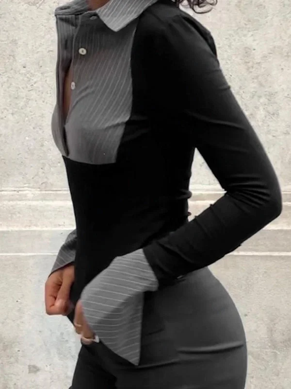 Brownm Vintage Stripe Splice Polo Neck Long Sleeve Blouse