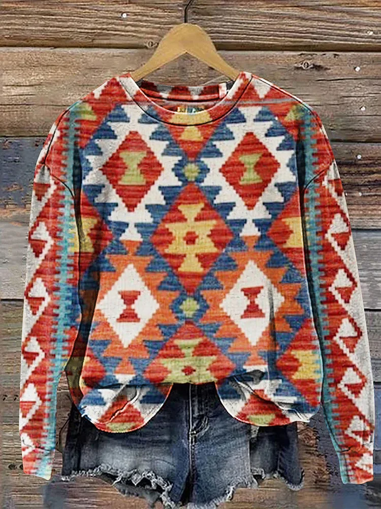 Vintage Aztec Art Print Casual Cotton Sweatshirt