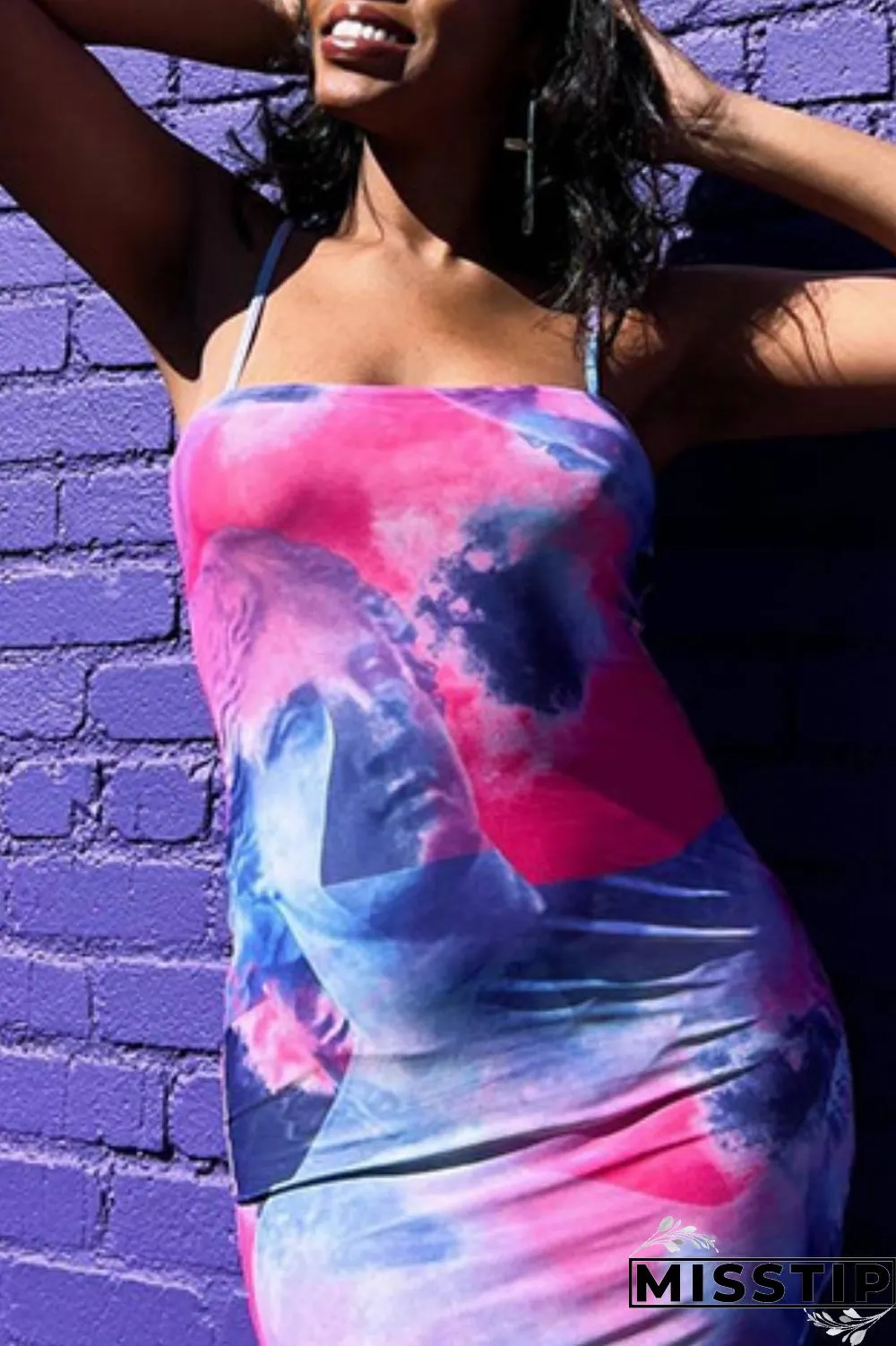 Blue Sexy Casual Print Backless Spaghetti Strap Sleeveless Dress Dresses