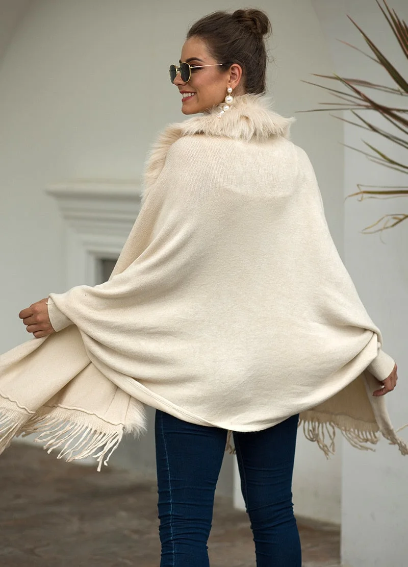 Fitshinling Fur Collar Winter Shawls And Wraps Bohemian Fringe Oversized Womens Winter Ponchos And Capes Batwing Sleeve Cardigan