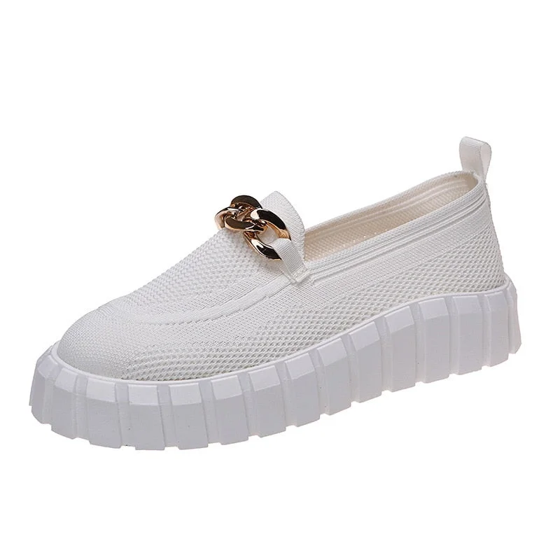 Women's Chain Loafer Flats For Women Round Toe Slip On Mesh Sneaker Casual Shoes Fabric Flats Breathable Comfy Walking Shoes