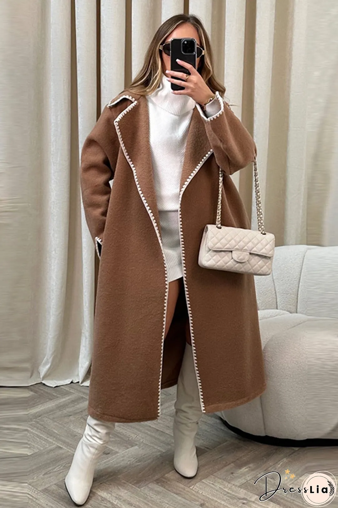 Lapel Lacework Open Front Long Coat