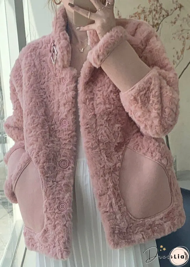 Women Pink Stand Collar Pockets Faux Fur Winter Coats