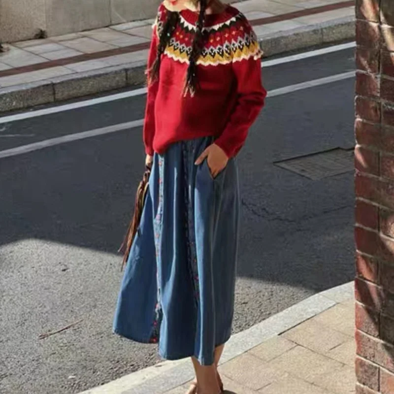 Ueong Ueong National Style Jacquard Small Red Sweater Design Sense Contrast Color Thick Sweater Autumn Winter New Foreign Style Jacket