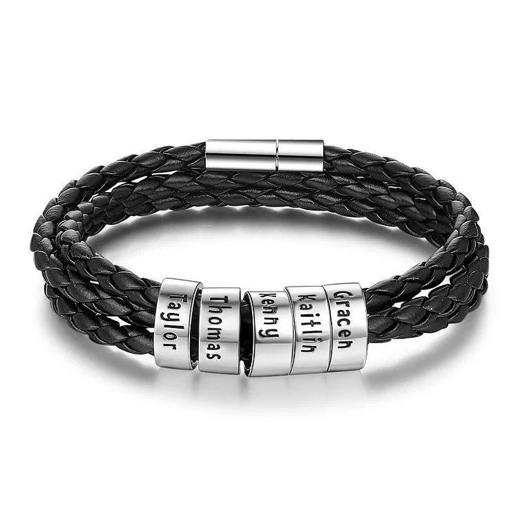 Leather Bracelet Custom Name Engraved 5 Beads for Men Women