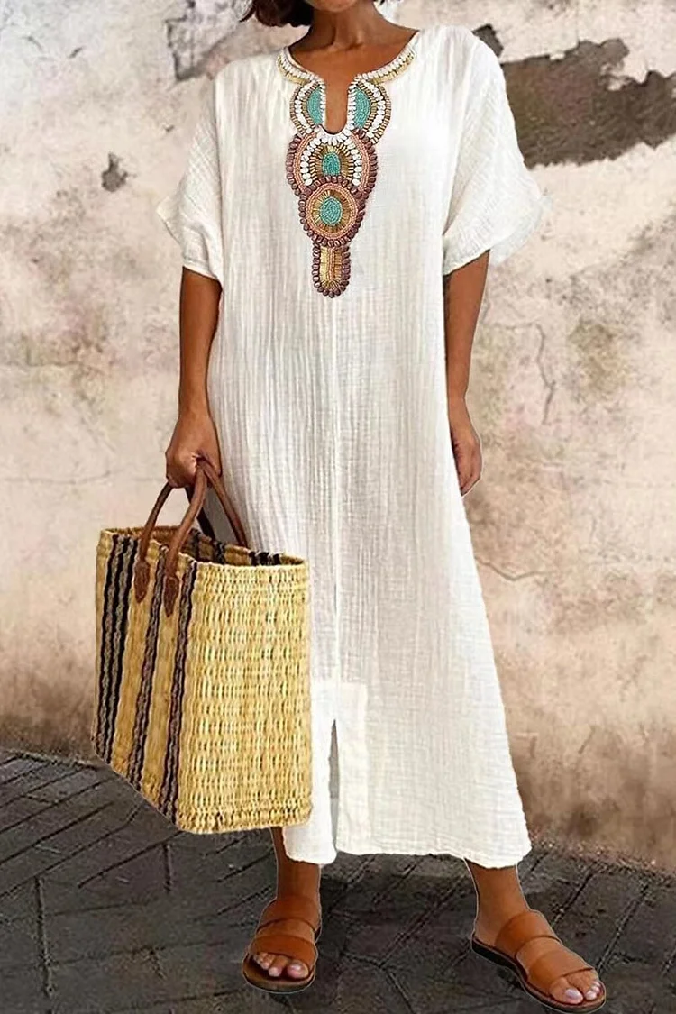 Women's Ethnic Embroidery Pattern Cotton Linen Slit Long Dress