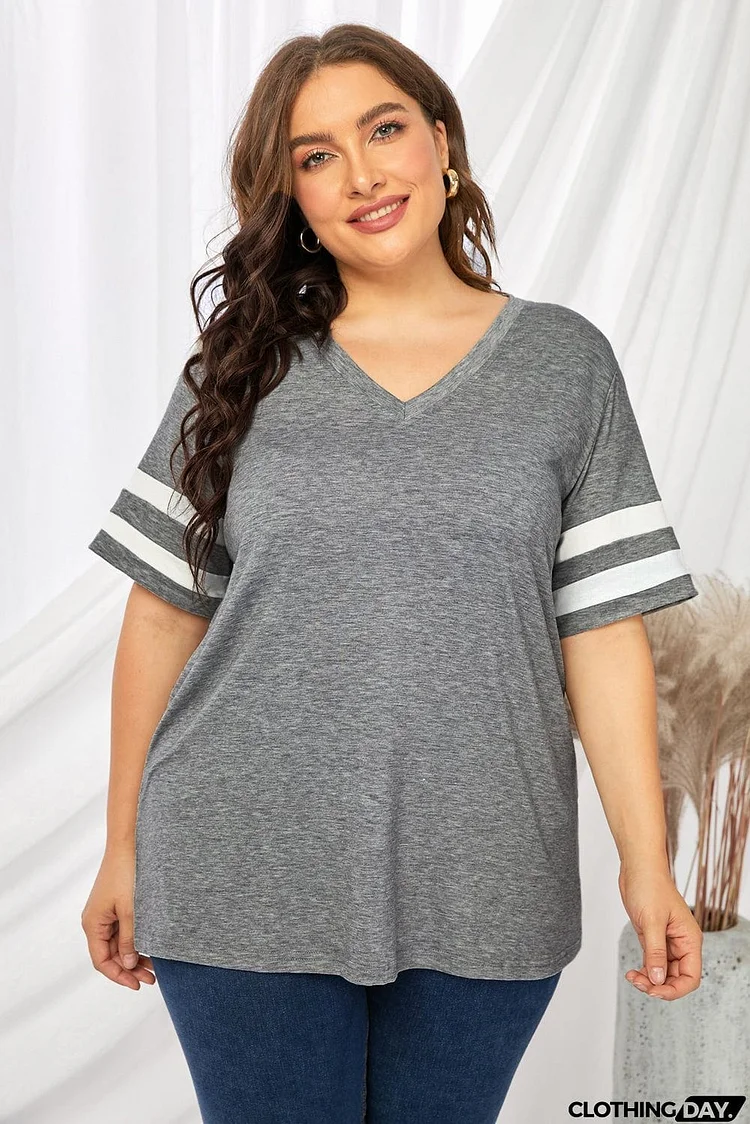 Plus Size Striped V-Neck Tee Shirt