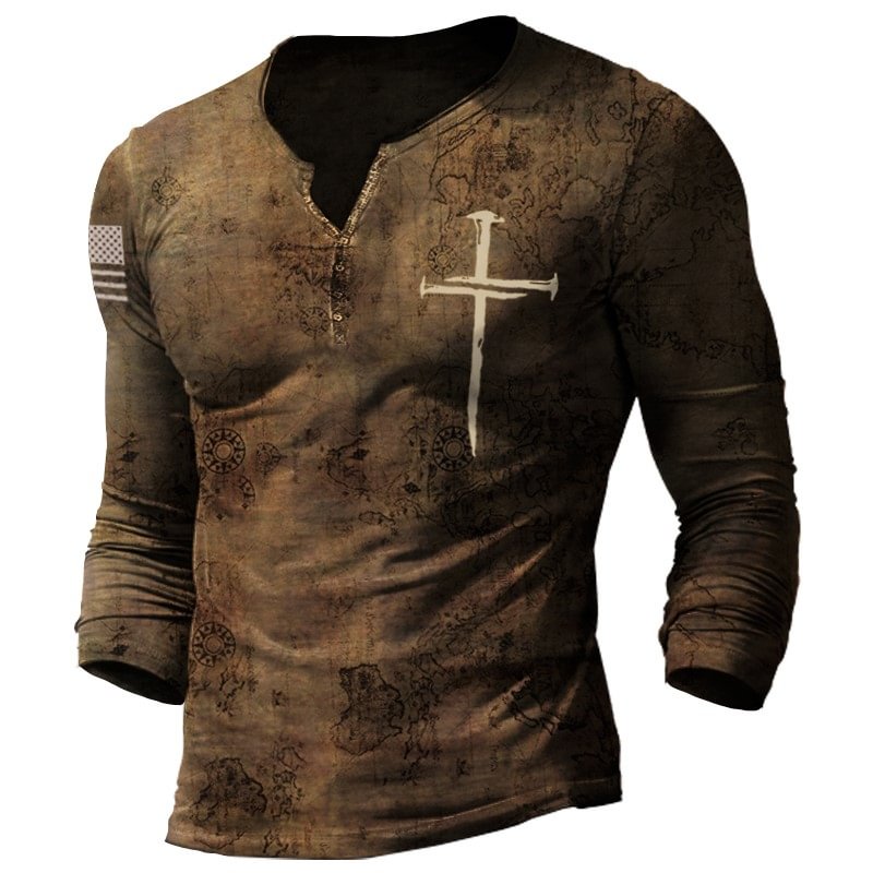 Mens Retro Old World Map Cross Print Henley Long Sleeve Top-Compassnice®