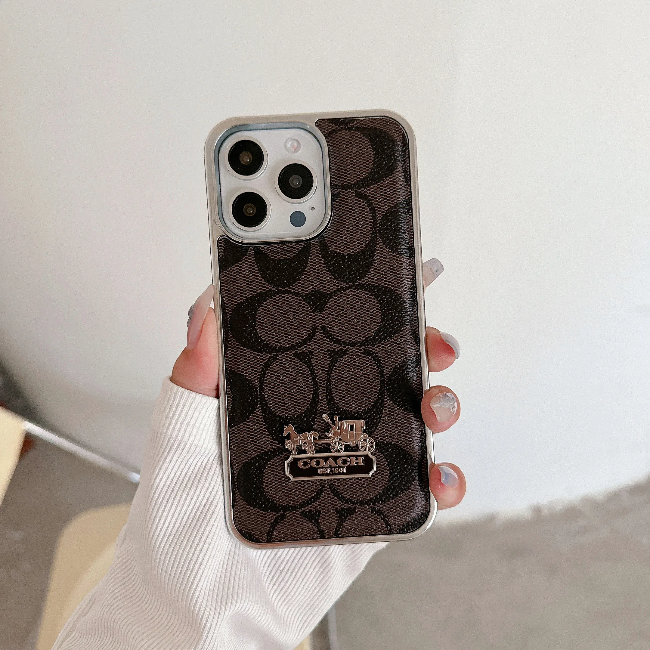 Coach Signature Canvas Leather with Horse and Carriage Metal Logo Apple iPhone Case