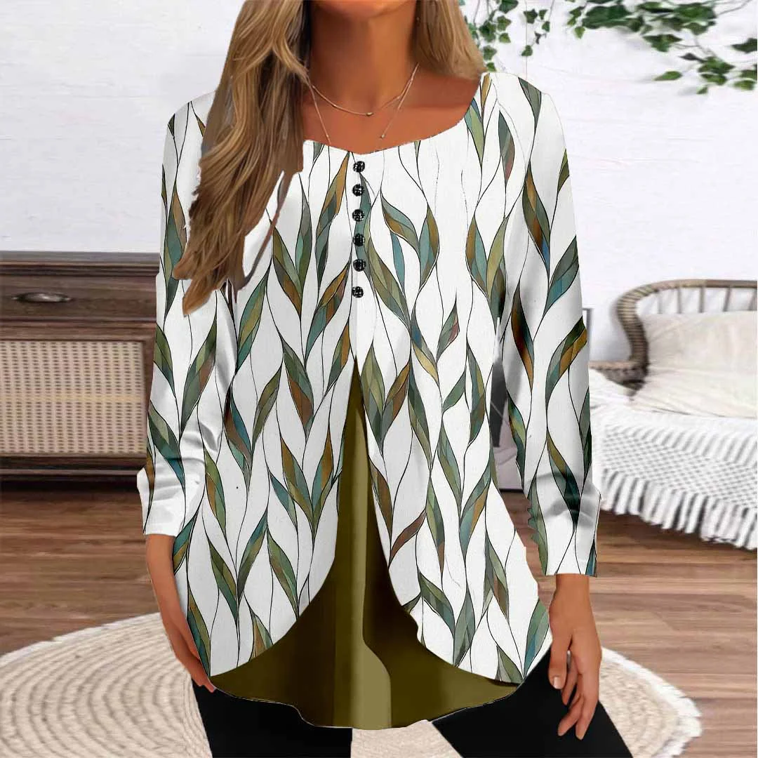 Women Graphic,Green DZGG8282 Long Sleeve Scoop Neck Printed Graphic Button Fake 2in1 Tops
