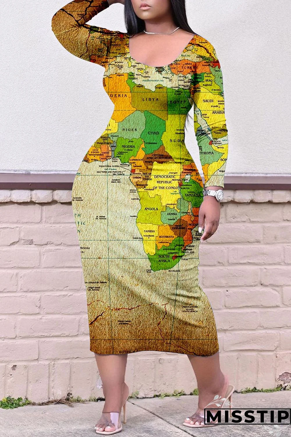 Colour Casual Print Patchwork O Neck Straight Plus Size Dresses