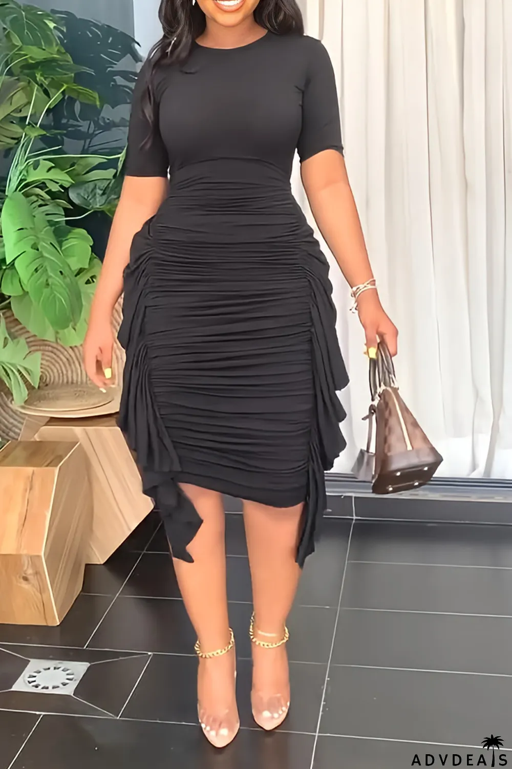 Brown Fashion Solid Flounce Fold O Neck Pencil Skirt Dresses