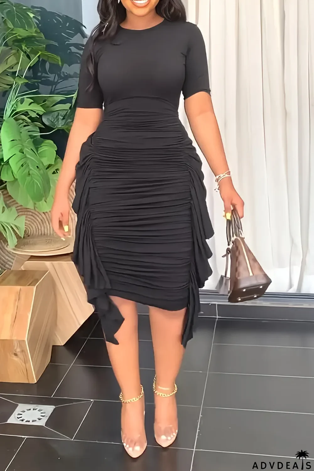 Brown Fashion Solid Flounce Fold O Neck Pencil Skirt Dresses