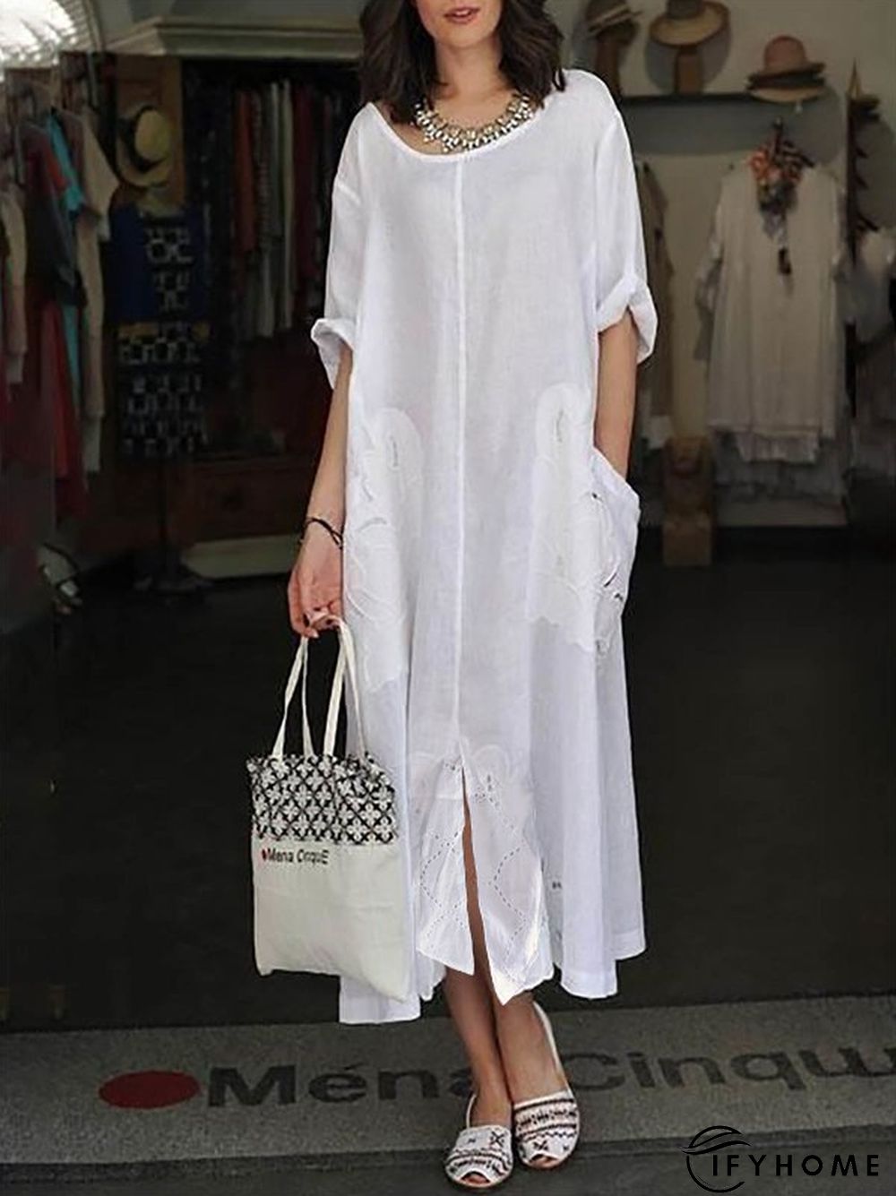 Casual White Shift 3/4 Sleeve Crew Neck Solid Dress | IFYHOME