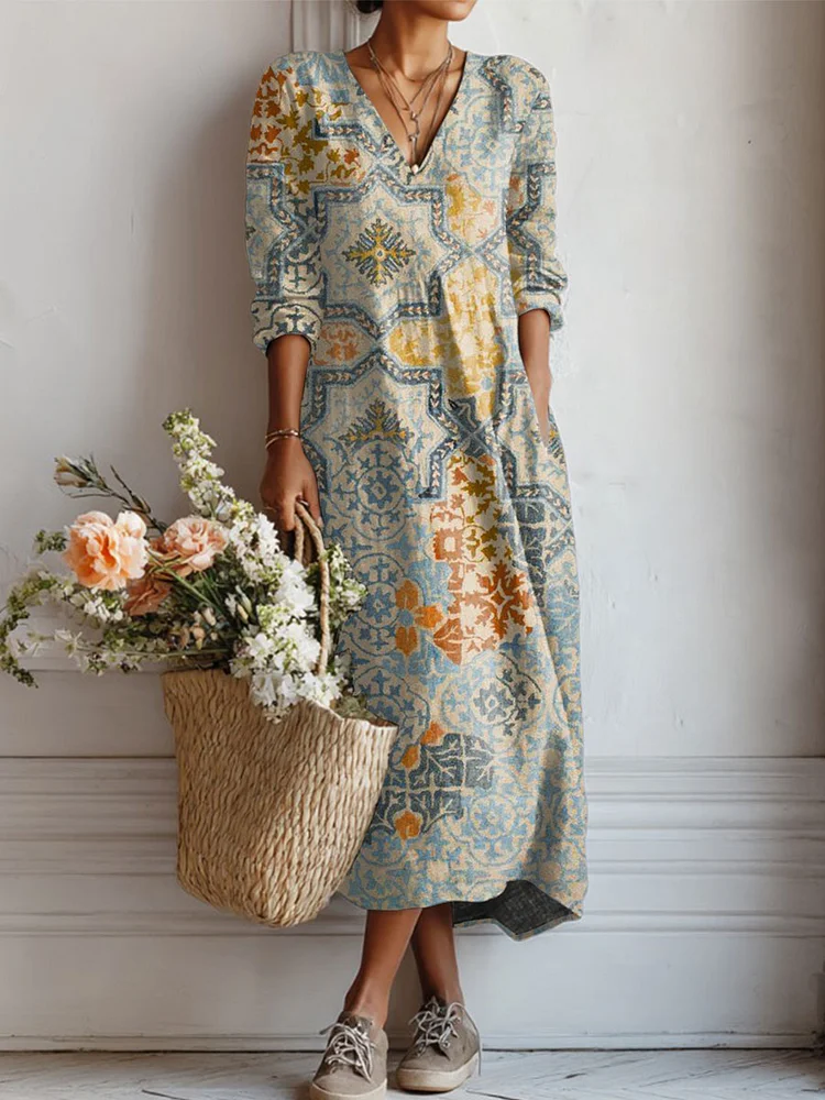 Women's Vintage Flower Art Print Linen Pocket Tunic Dress