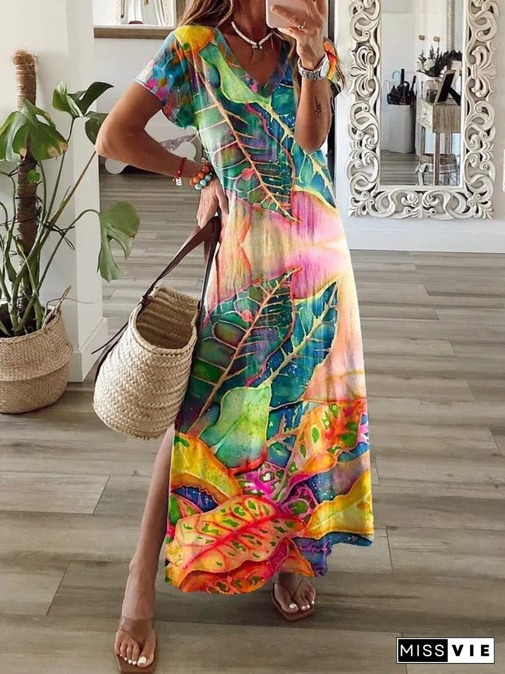 Women'S Dresses Multicolor Leaf V-Neck Short Sleeve Slit Dress