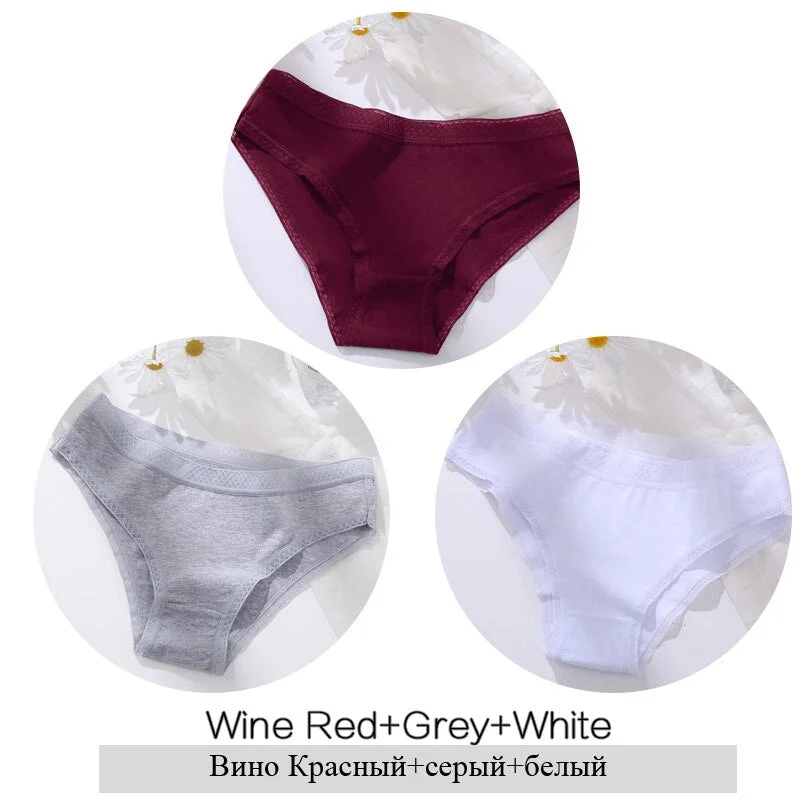 FINETOO Women Cotton Panties Sexy Lace Briefs 3Pcs/set Ladies Low Waist Underpants Comfortable Girls Underwear M-2XL Lingerie