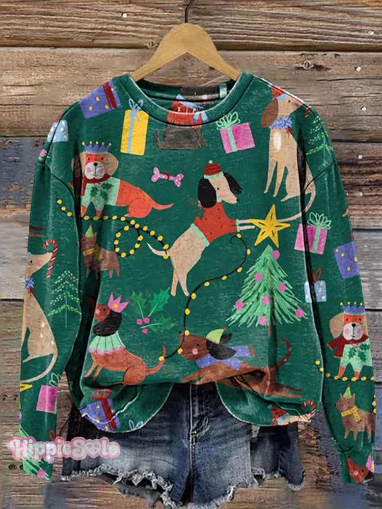 Christmas Theme Series Cute Dog Art Print Casual Sweatshirt Multicolor / S