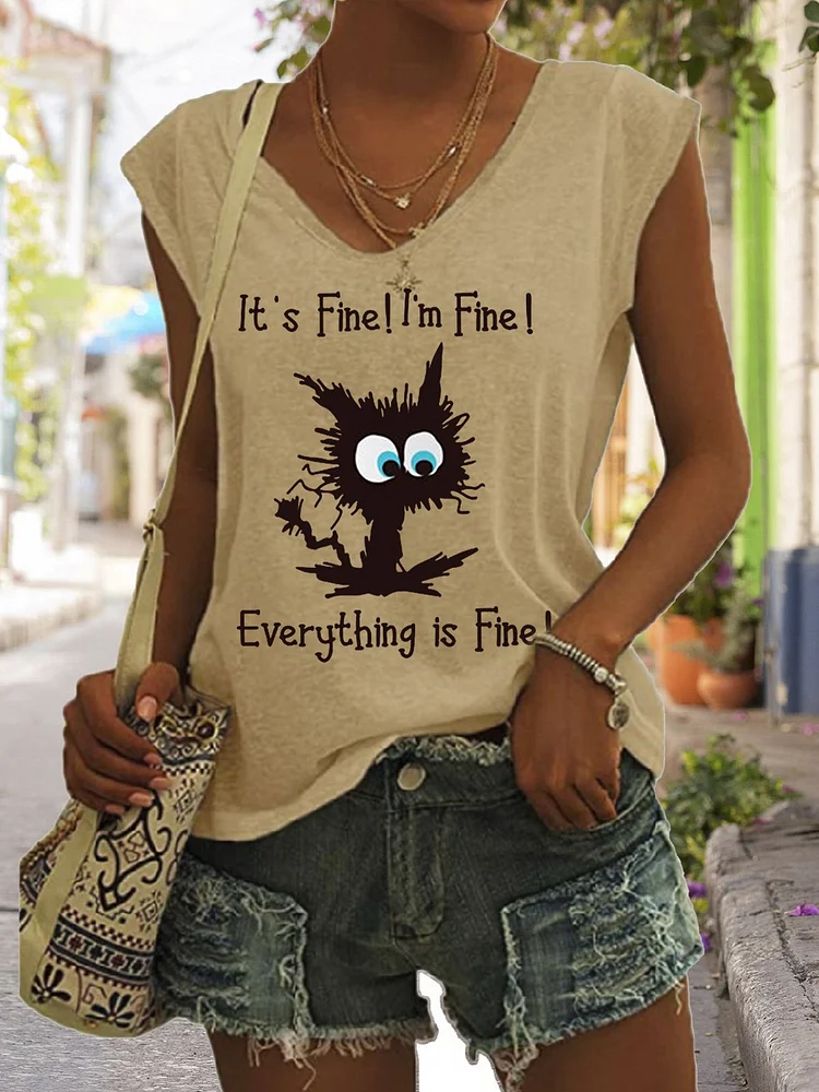 Women's It's Fine I'm Fine Everything Is Fine Funny Cat V-Neck Sleeveless Tee socialshop