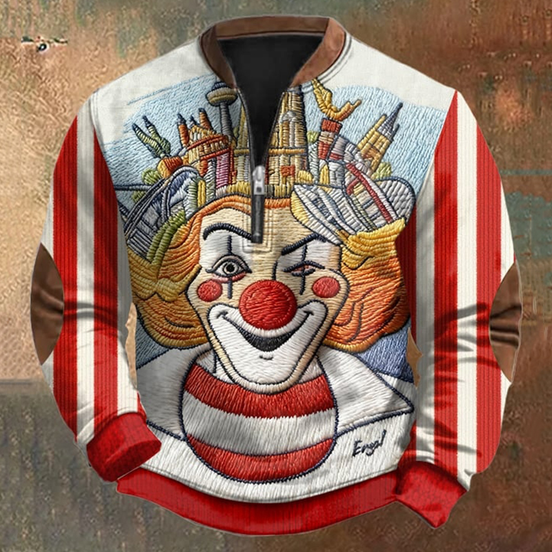 Men's Retro Carnival Striped Clown Print Zip Up Sweatshirt elevenforest