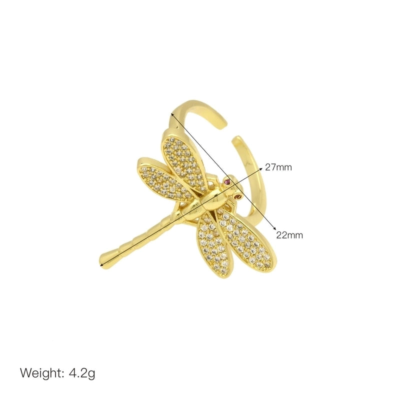 Copper 18K Gold Plated Inlay Geometric Dragonfly Pearl Zircon Open Rings