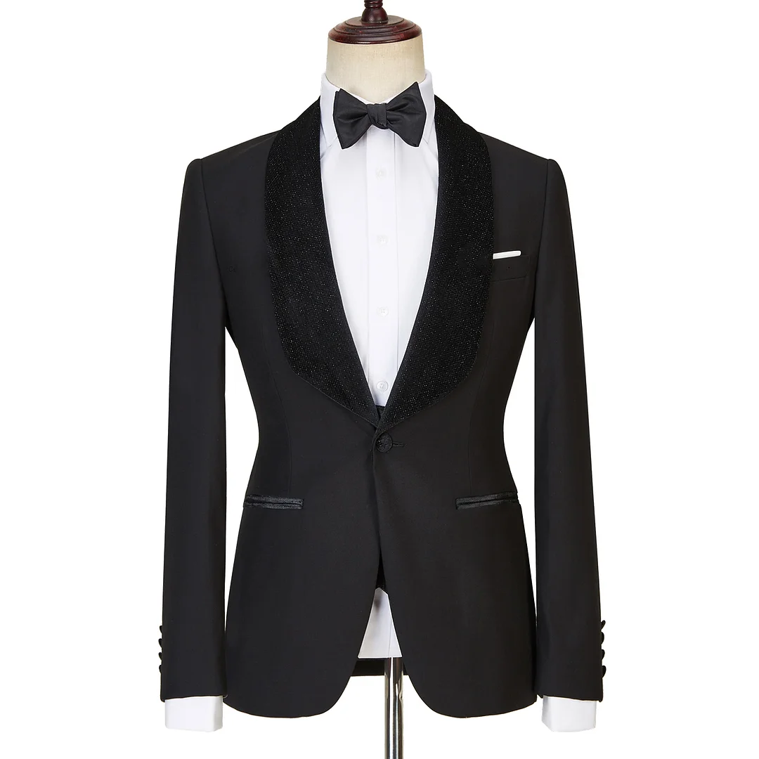 Miabel  Modern  Black  Shawl Lapel Three Pieces Sparkle Men Wedding Suits