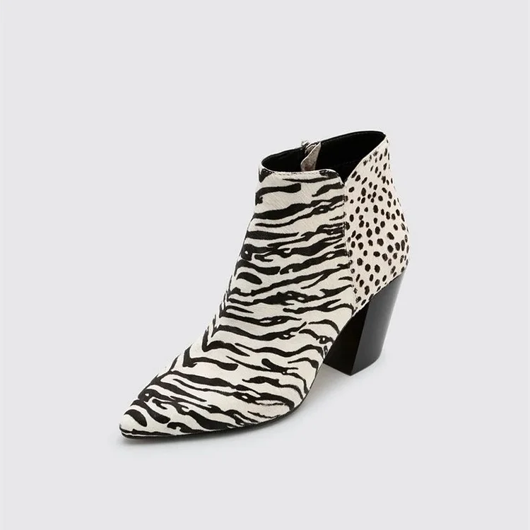 Black & White Zebra Print Pointed Toe Ankle Boots with Block Heels |FSJ Shoes