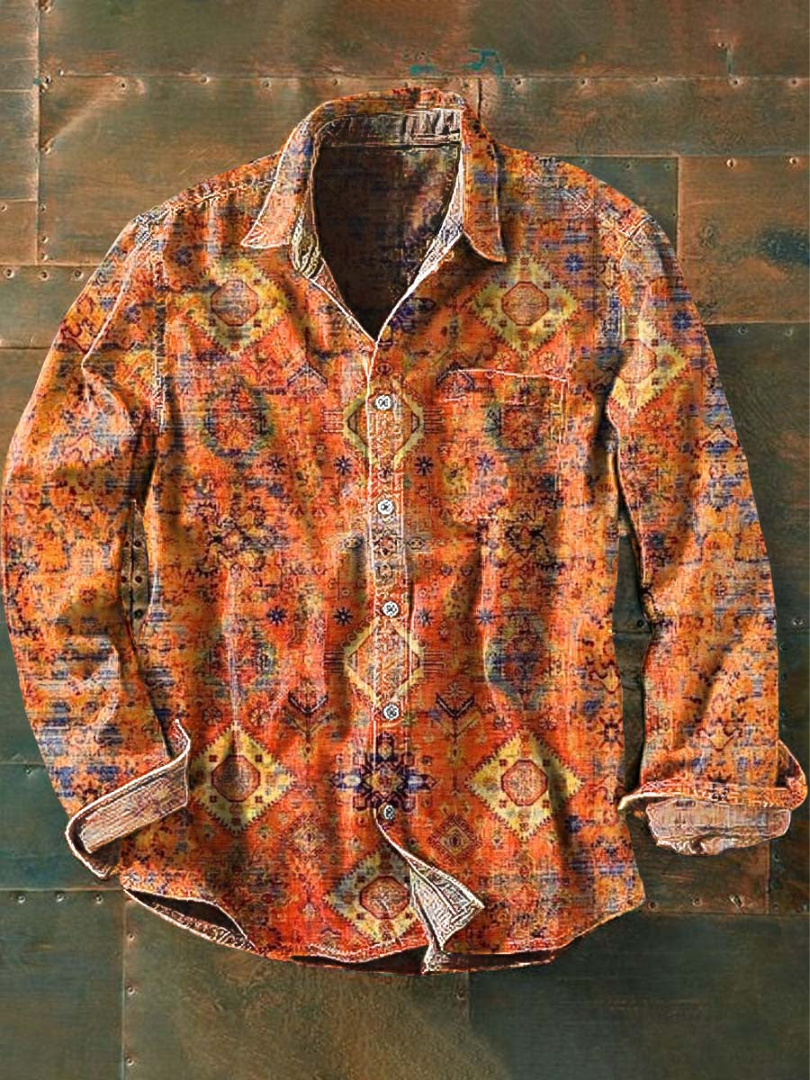 Men's Western Style Printed Casual Lapel Long Sleeve Shirt