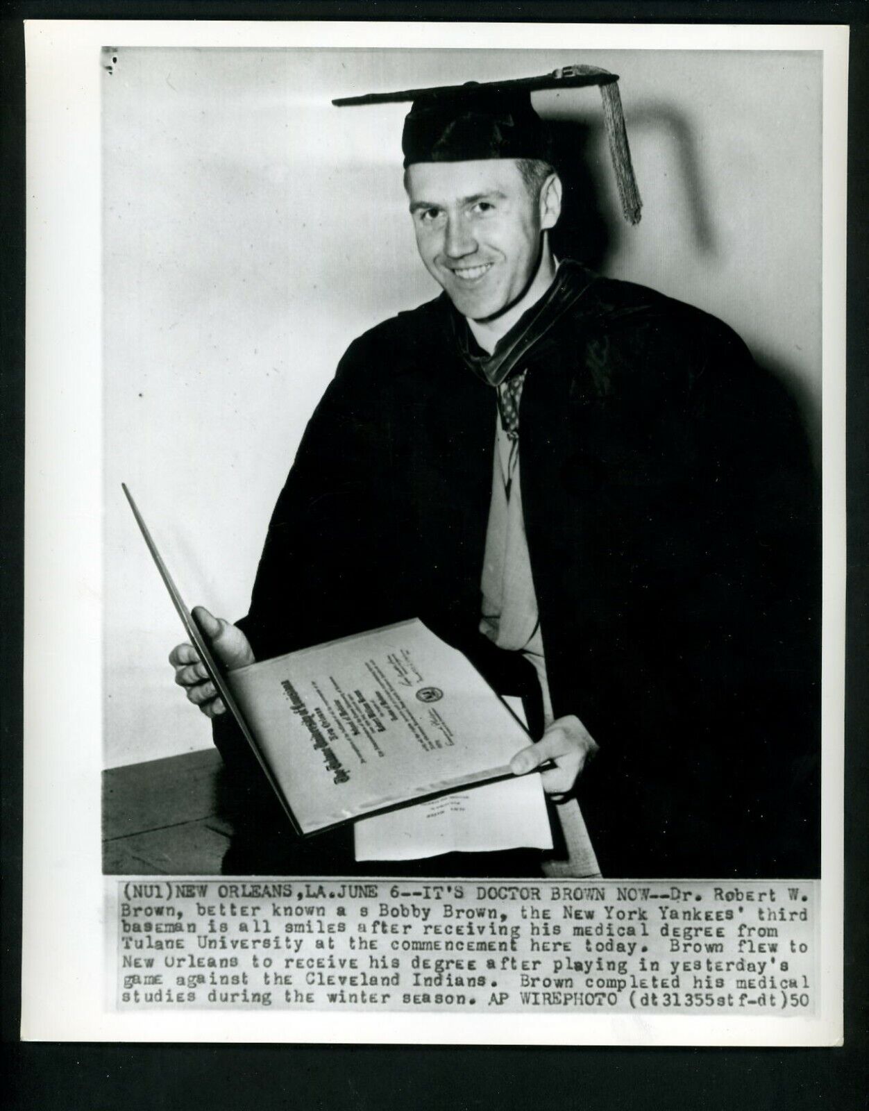 Bobby Brown graduates from Tulane University 1950 Press Photo Poster painting New York Yankees