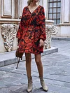Floral-Print Puff Sleeve V-Neck Bohemia Mini Dress