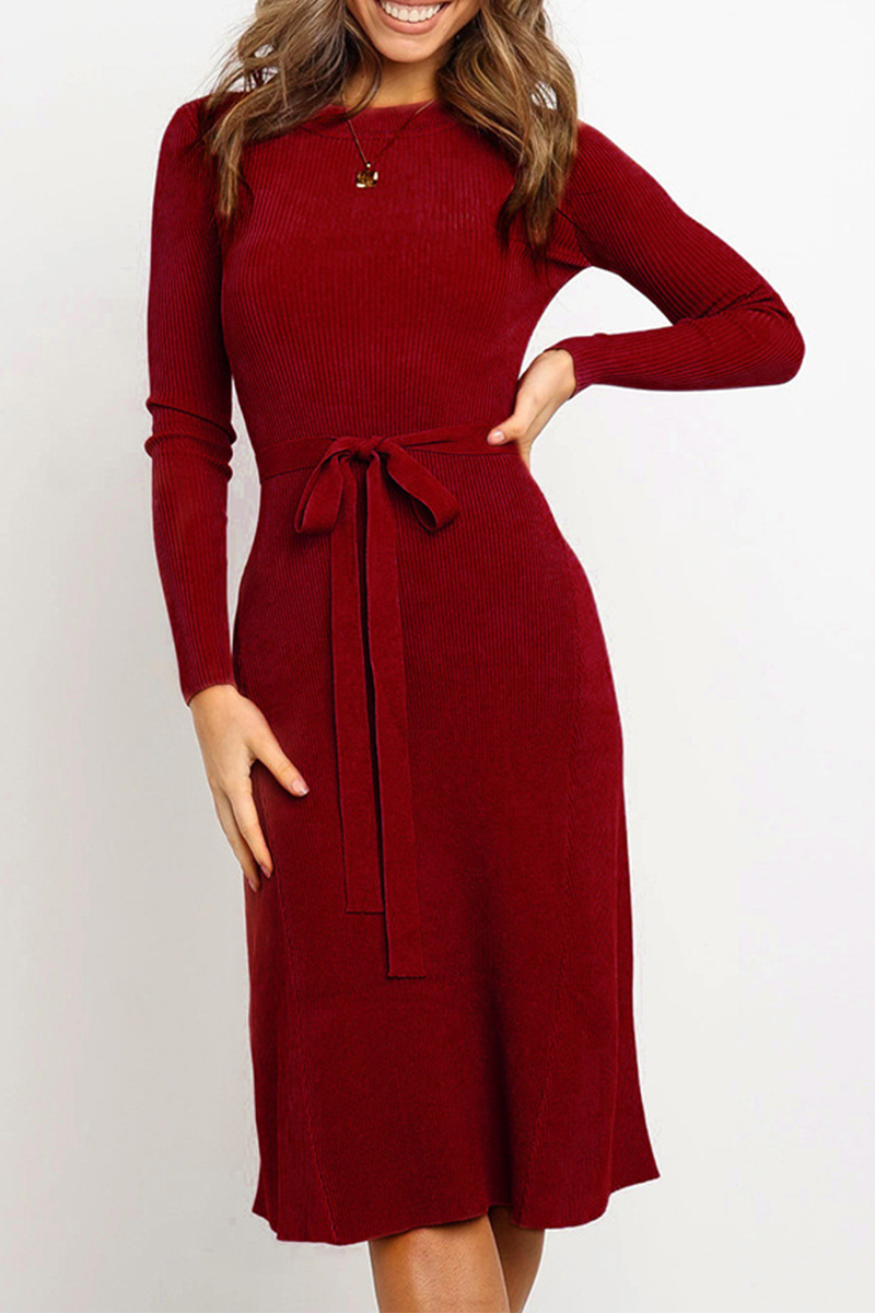 Fashion Casual Solid Basic With Belt O Neck Dresses