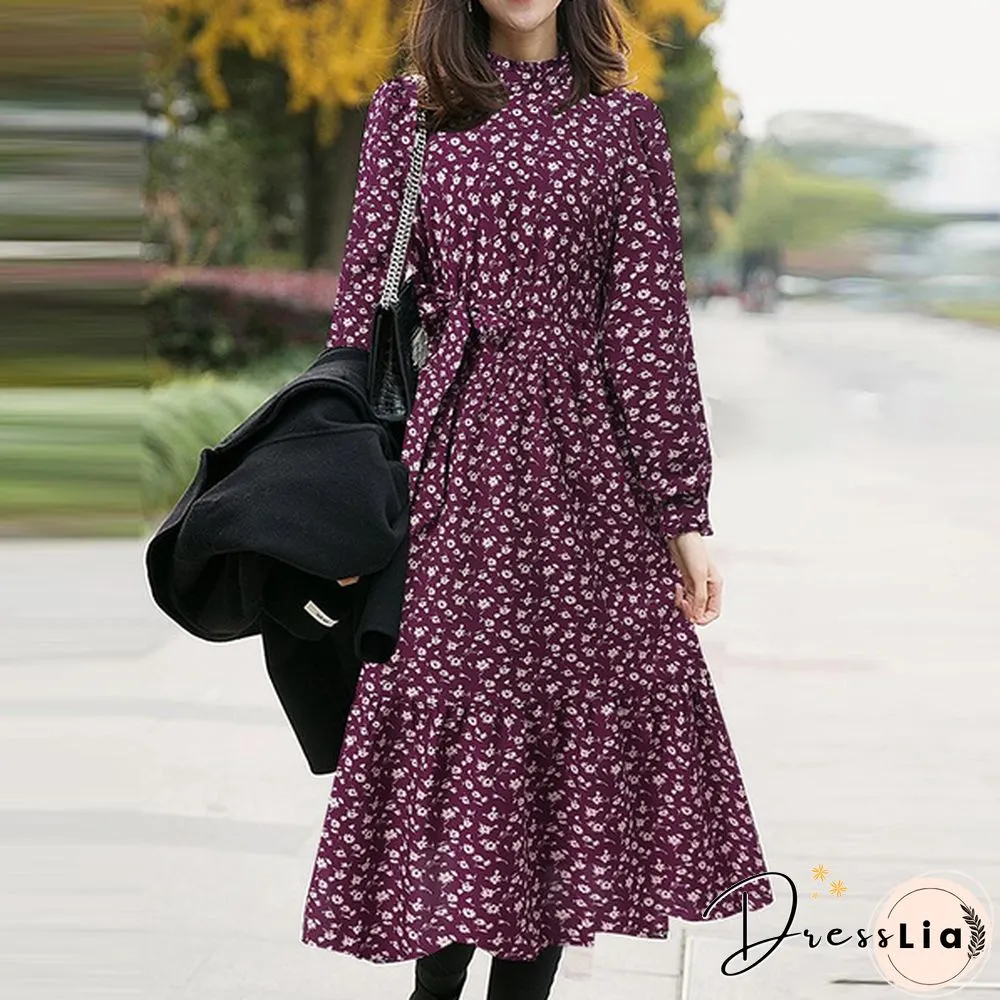 Womens Spring Casual Belt Full Sleeved Kaftan Floral Printed A-Line Party Ruffle Hem Long