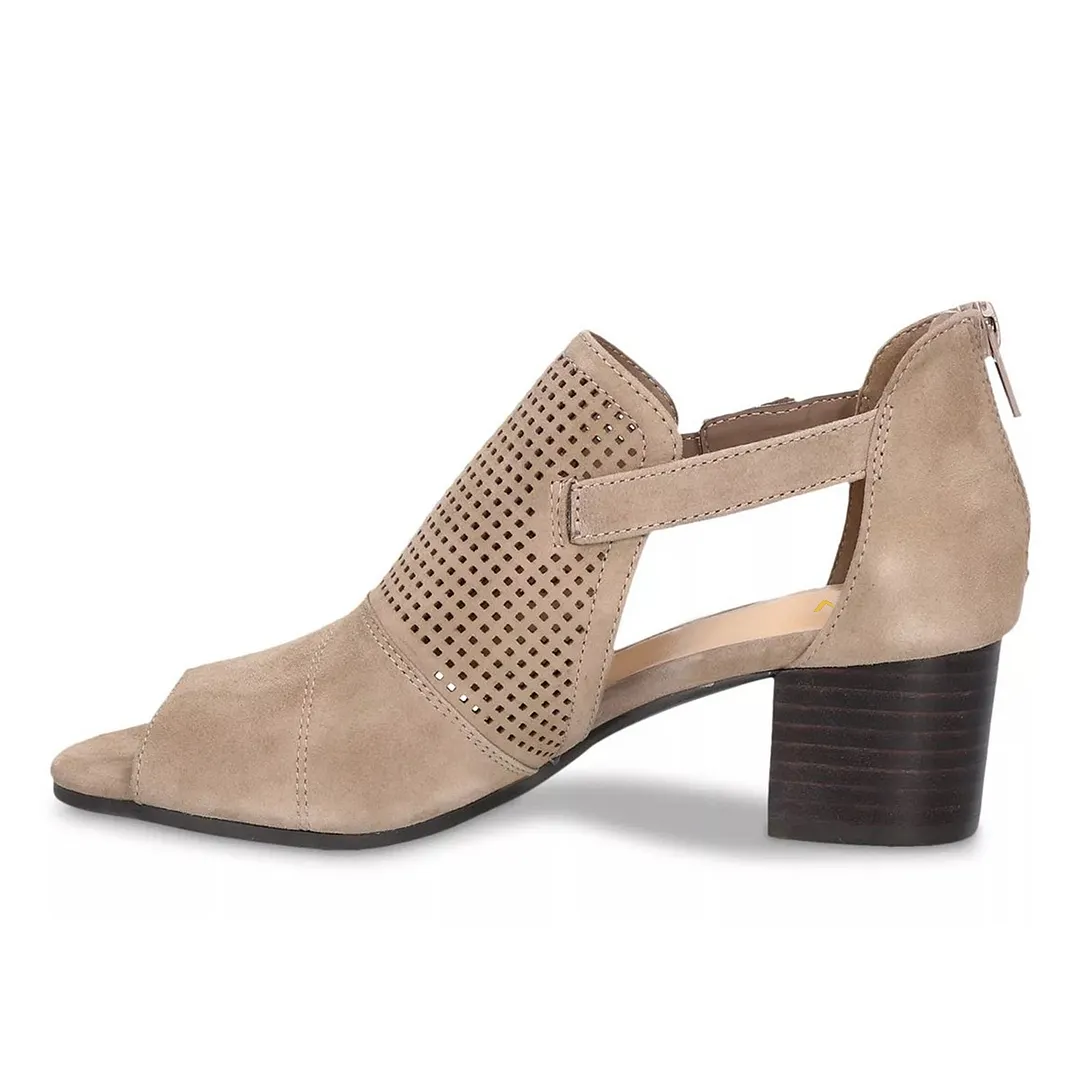 Khaki Cut-Out Peep Toe Perforated Block Heeled Ankle Boots Sandals