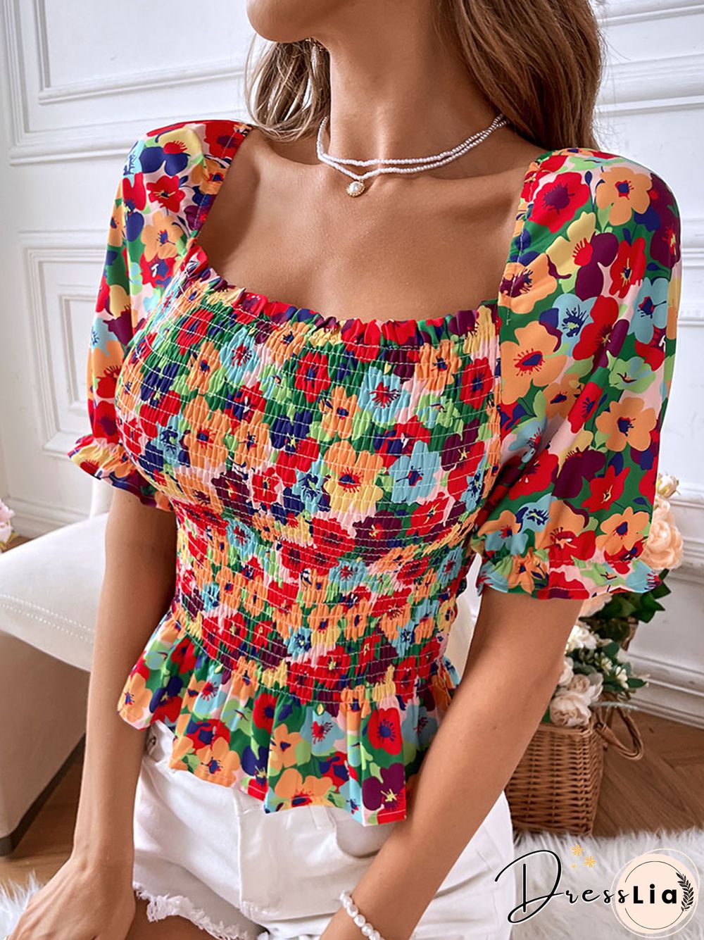 Women's Elegant Bodycon Blouses Top Summer Casual Print Square Neck Gathered Short Sleeve Floral Short Shirts Women Blouses