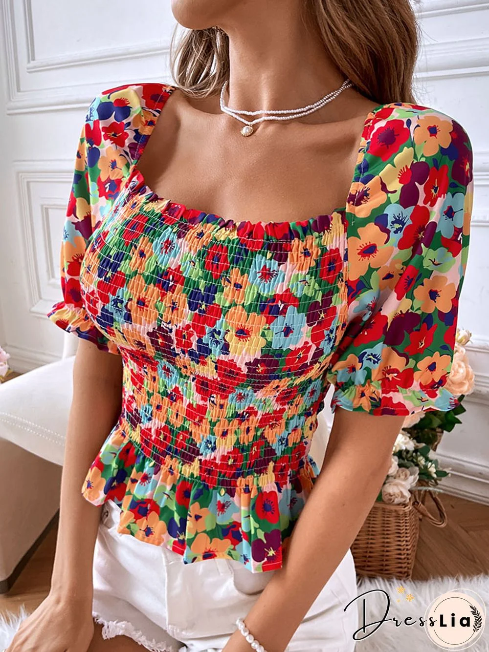 Women's Elegant Bodycon Blouses Top Summer Casual Print Square Neck Gathered Short Sleeve Floral Short Shirts Women Blouses