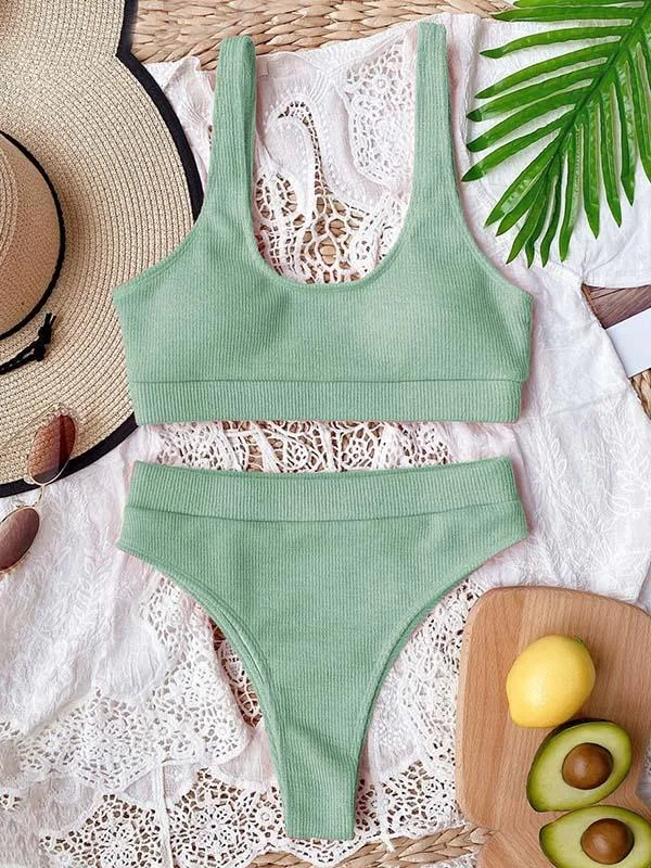 Solid Color U-Neck Split Bikini Swimsuit