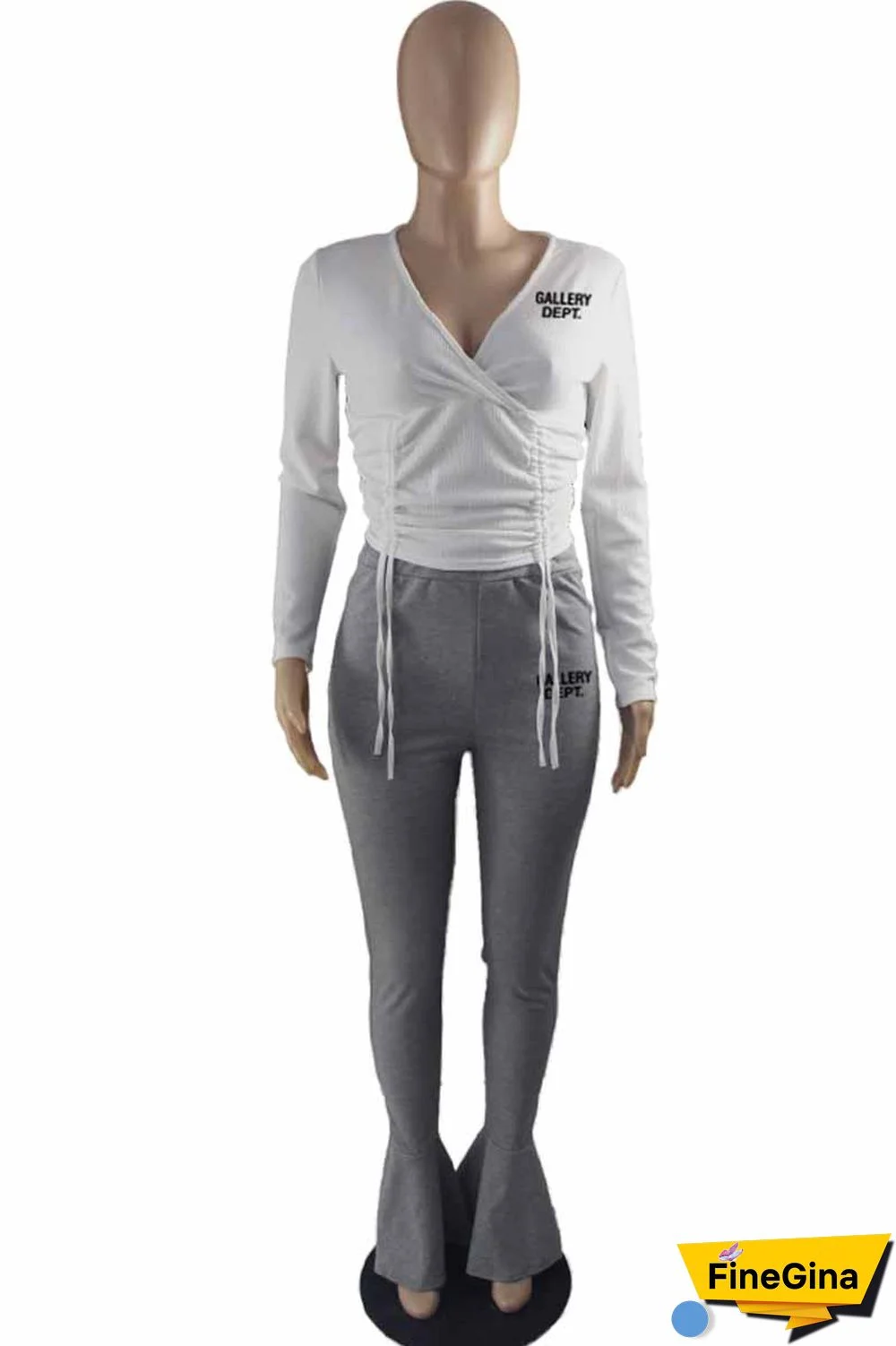 White Grey Casual Print Letter V Neck Long Sleeve Two Pieces