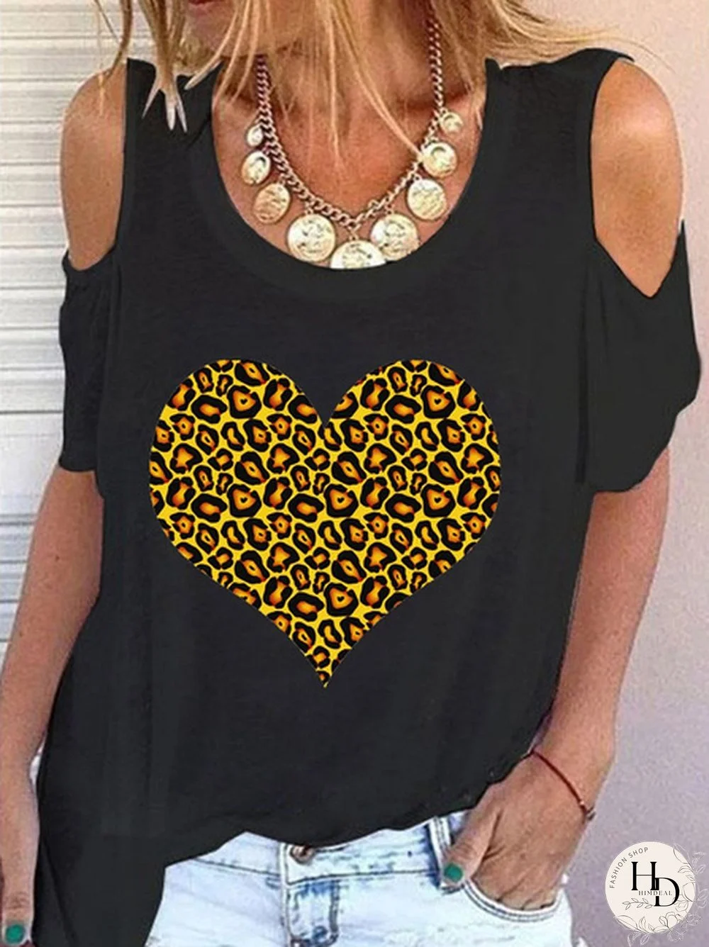 New Women Summer Fashion Casual Leopard Heart Printed Loose Off Shoulder T-shirts Round Neck Plus Size Short Sleeve Blouse Tops S-5XL