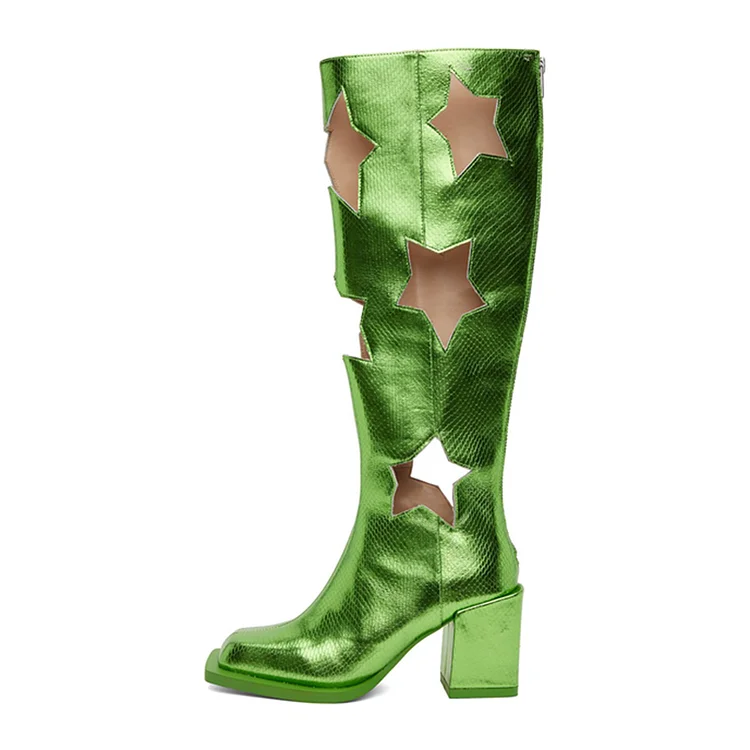 Green Square Toe Hollow Out Star Knee High Boots with Chunky Heels |FSJ Shoes