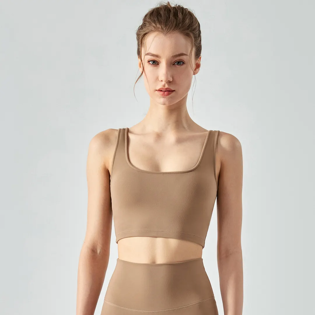 Buy different colors and types of square neck u back sustainable outerwear yoga sports bra with removable pads on Hergymclothing Cocoa