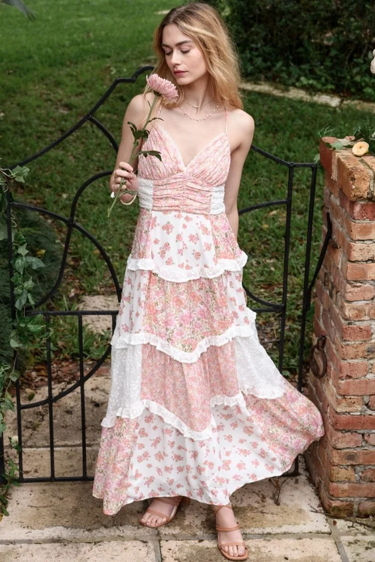 Floral Print Ruched V Neck Patchwork Maxi Dresses-Pink [Pre Order]