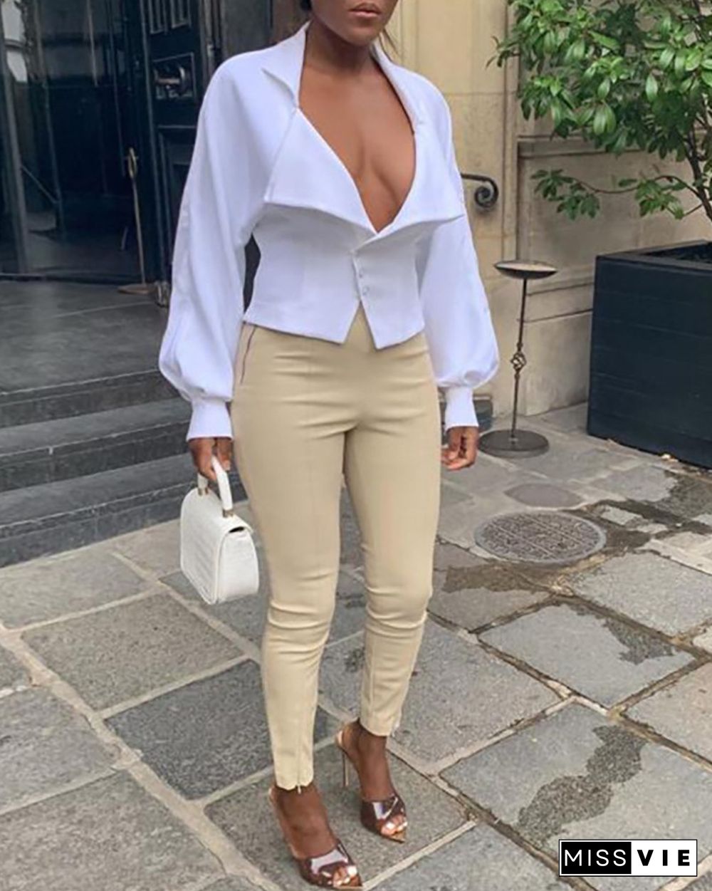 Plunge Buttoned Lantern Sleeve Top