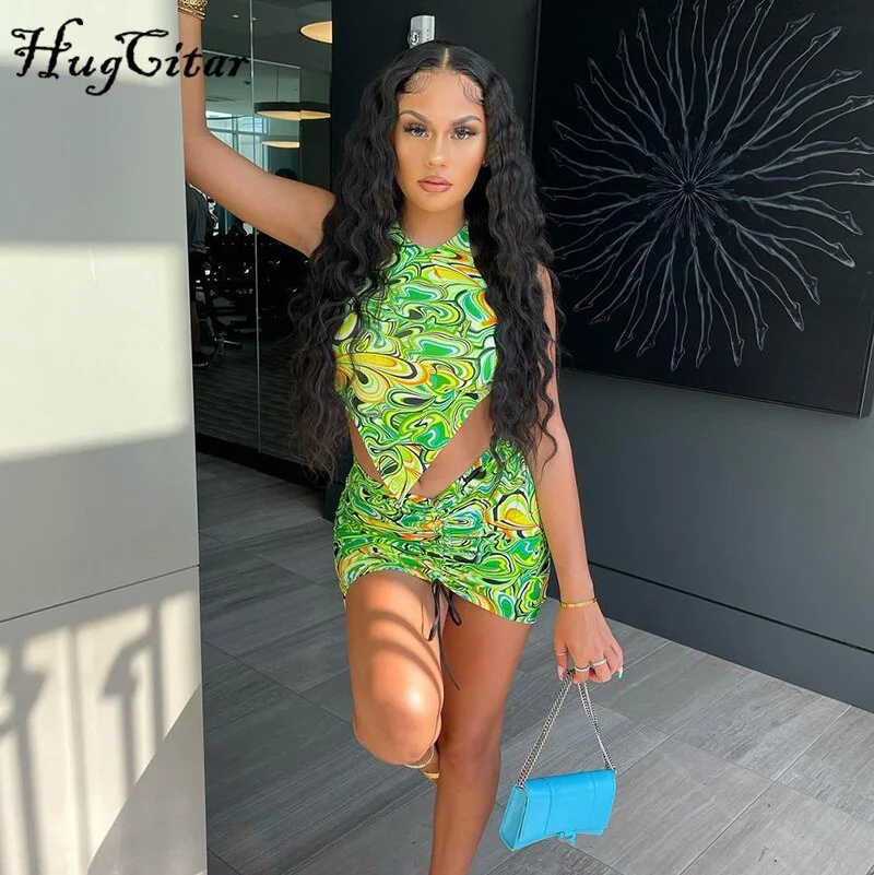 Hugcitar 2021 Print Sleeveless Bodycon Halter Hollow Out Sexy Top Mini Dress Set Summer Women Fashion Streetwear Outfits Y2K