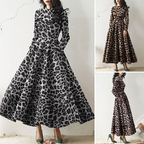 S-5XL Women Collect Waist Leopard Party Dress Crew Neck Long Sleeve Pleated Maxi Swing Dress - Shop Trendy Women's Clothing | LoverChic