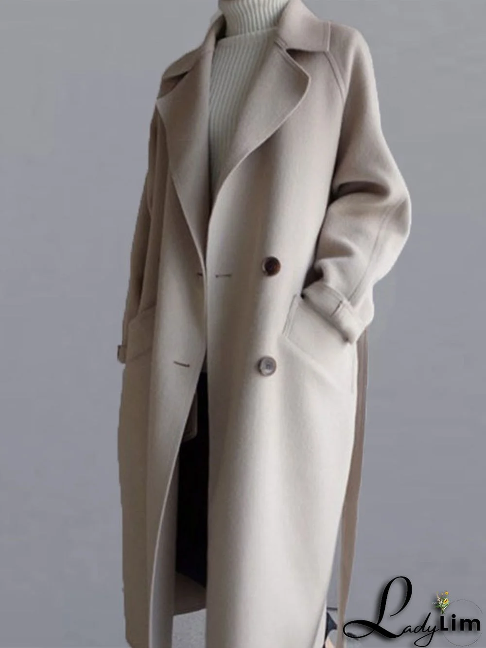 Urban Loose Solid Color Belted Woolen Coat