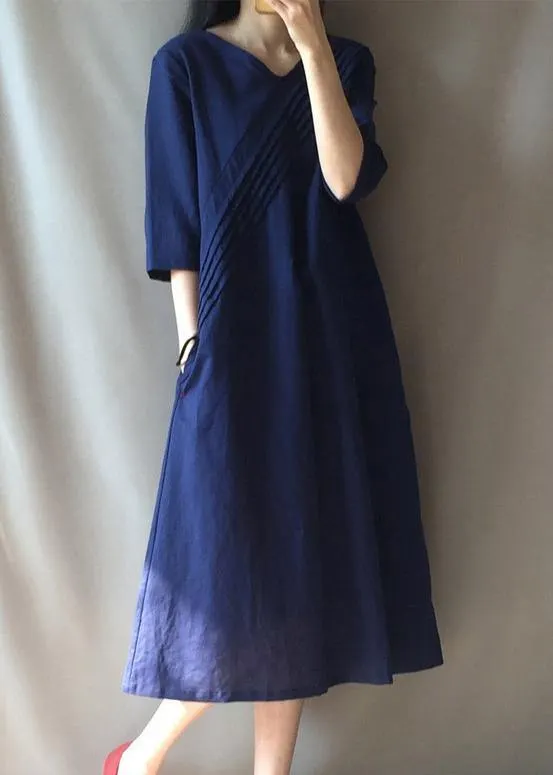 DIY V Neck Half Sleeve Long Shirts Neckline Navy Traveling Dress