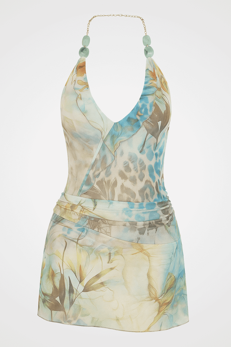 Leopard Floral Print Plunge Neck Slim Fit Halter Mini Dresses-Green