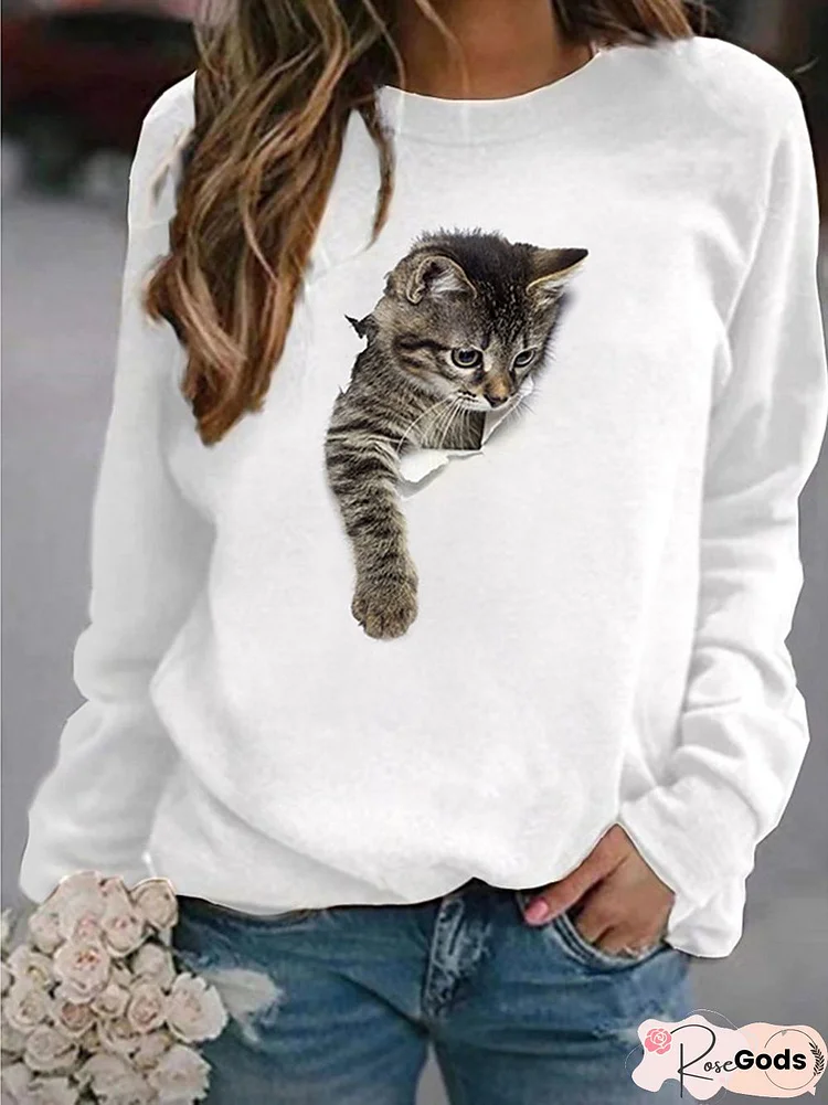 Women's Pullover Sweatshirts Cat Graphic 3D Cartoon Daily Basic Hoodies Sweatshirts