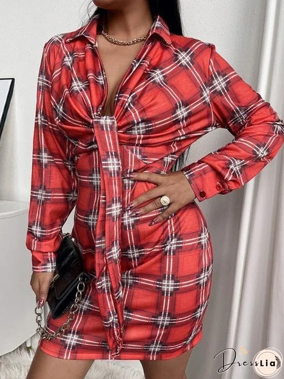 Dresses Plaid Lapel V-Neck Long Sleeve Mini Dress for Women